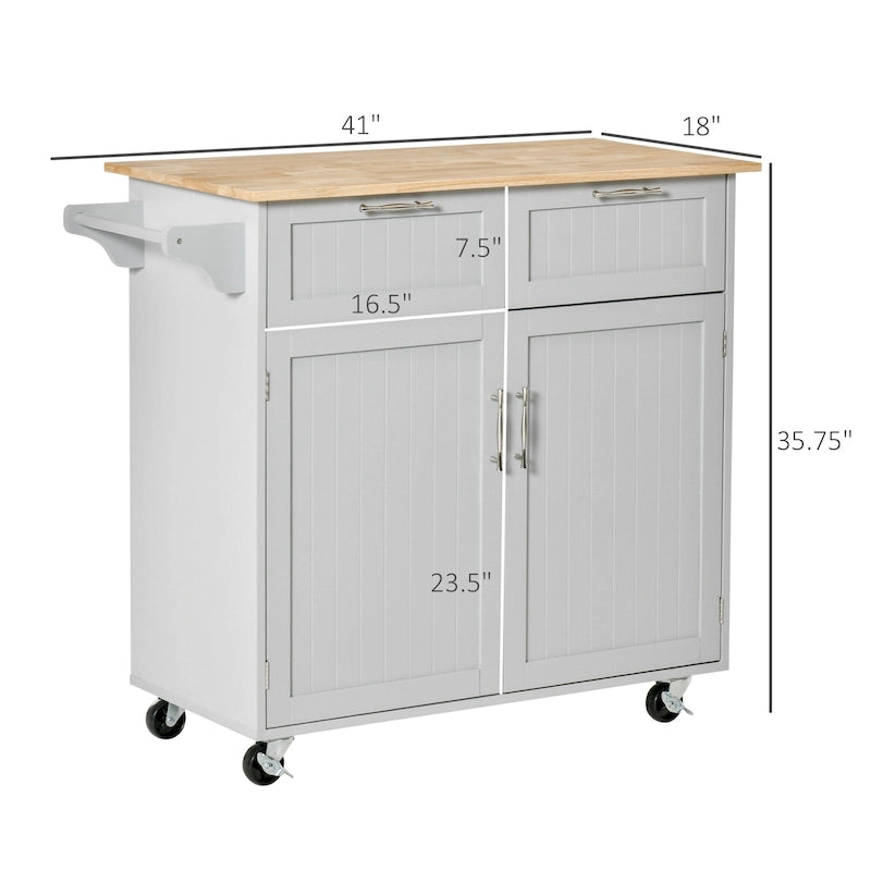 Isola da cucina moderna con ruote da 41 pollici, carrello portaoggetti con piano in legno di gomma, 2 cassetti e portasalviette