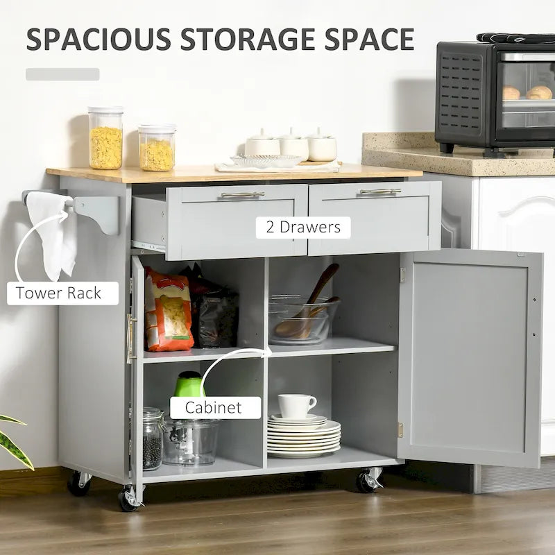 Isola da cucina moderna con ruote da 41 pollici, carrello portaoggetti con piano in legno di gomma, 2 cassetti e portasalviette