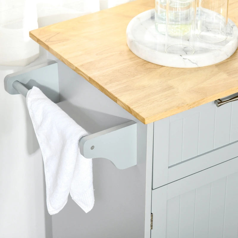 Isola da cucina moderna con ruote da 41 pollici, carrello portaoggetti con piano in legno di gomma, 2 cassetti e portasalviette