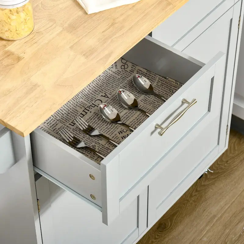 Isola da cucina moderna con ruote da 41 pollici, carrello portaoggetti con piano in legno di gomma, 2 cassetti e portasalviette