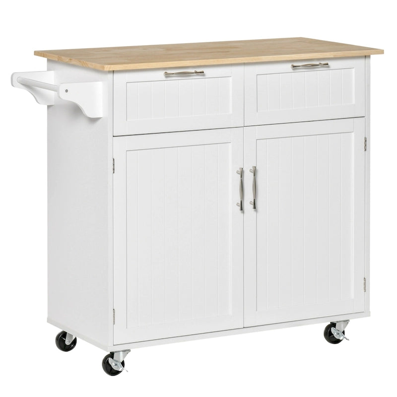 Isola da cucina moderna con ruote da 41 pollici, carrello portaoggetti con piano in legno di gomma, 2 cassetti e portasalviette