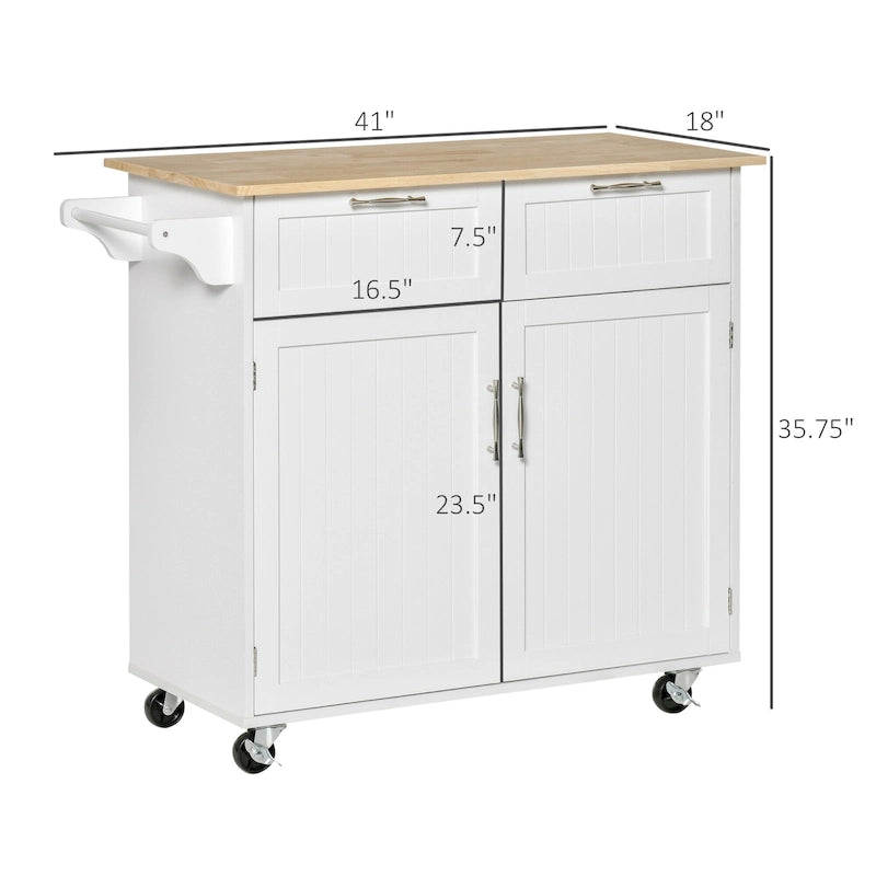 Isola da cucina moderna con ruote da 41 pollici, carrello portaoggetti con piano in legno di gomma, 2 cassetti e portasalviette