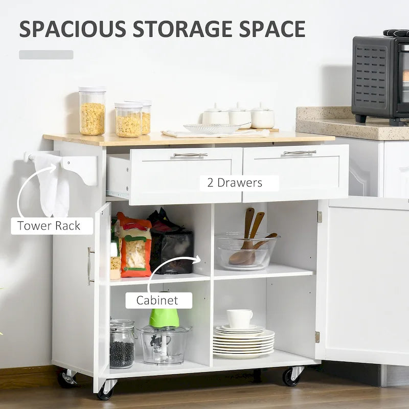 Isola da cucina moderna con ruote da 41 pollici, carrello portaoggetti con piano in legno di gomma, 2 cassetti e portasalviette