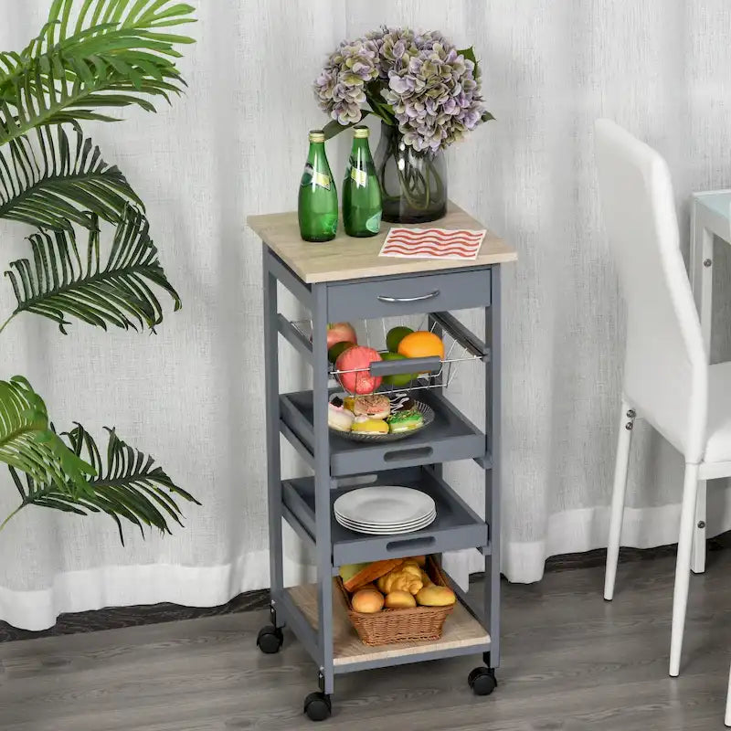Mobile Rolling Kitchen Island Trolley Serving Cart with Underneath Drawer & Slide-Out Wire Storage Basket