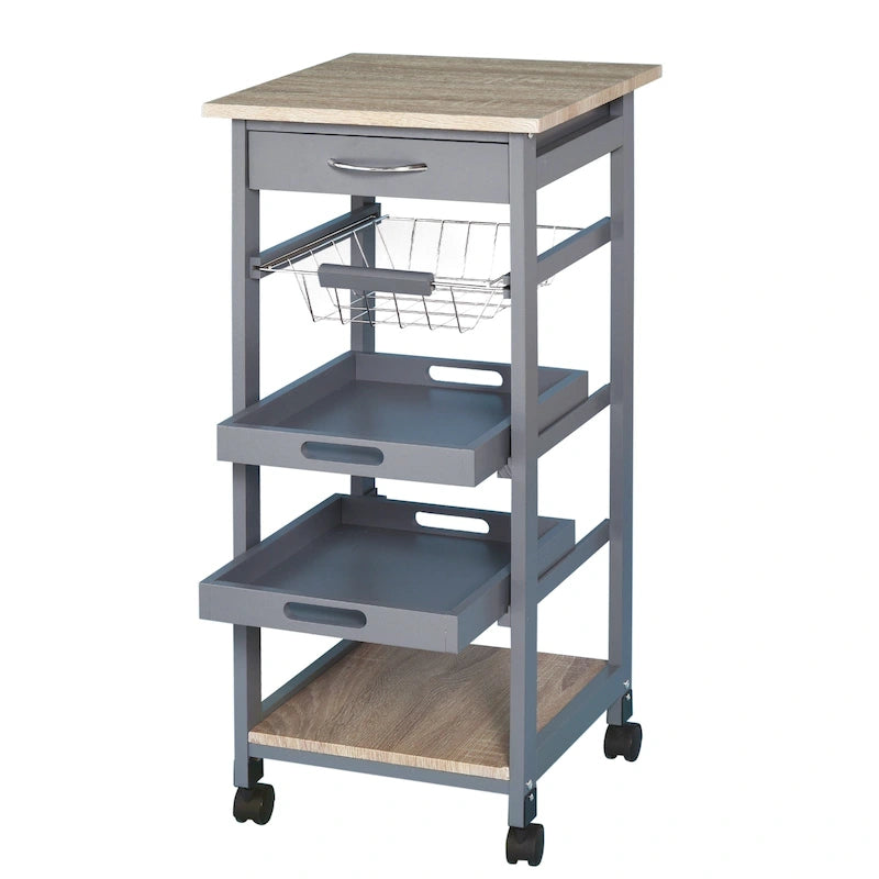 Mobile Rolling Kitchen Island Trolley Serving Cart with Underneath Drawer & Slide-Out Wire Storage Basket