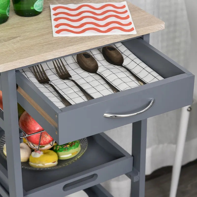 Mobile Rolling Kitchen Island Trolley Serving Cart with Underneath Drawer & Slide-Out Wire Storage Basket