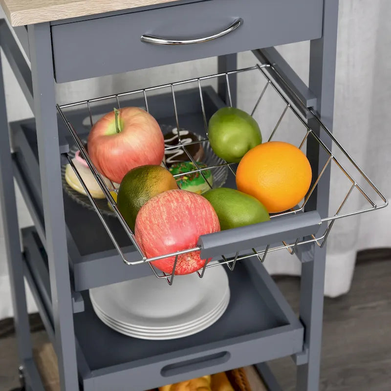Mobile Rolling Kitchen Island Trolley Serving Cart with Underneath Drawer & Slide-Out Wire Storage Basket