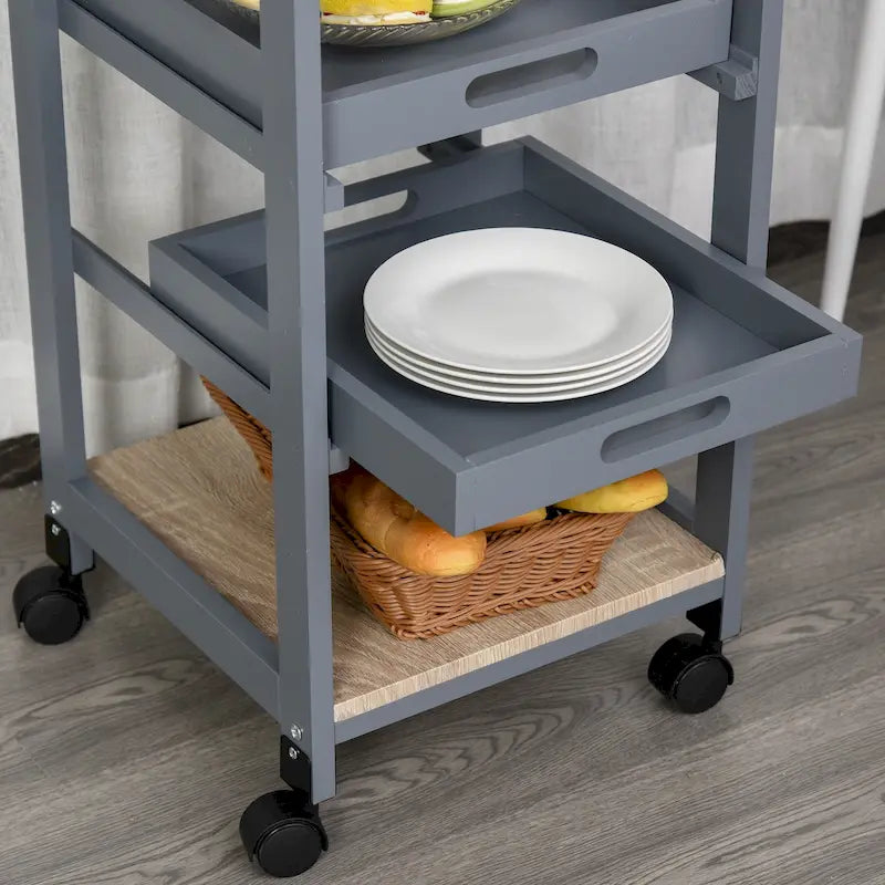Isola da cucina mobile con ruote, carrello di servizio con cassetto inferiore e cestello portaoggetti estraibile in filo metallico