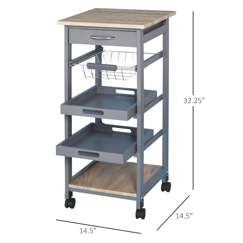 Isola da cucina mobile con ruote, carrello di servizio con cassetto inferiore e cestello portaoggetti estraibile in filo metallico
