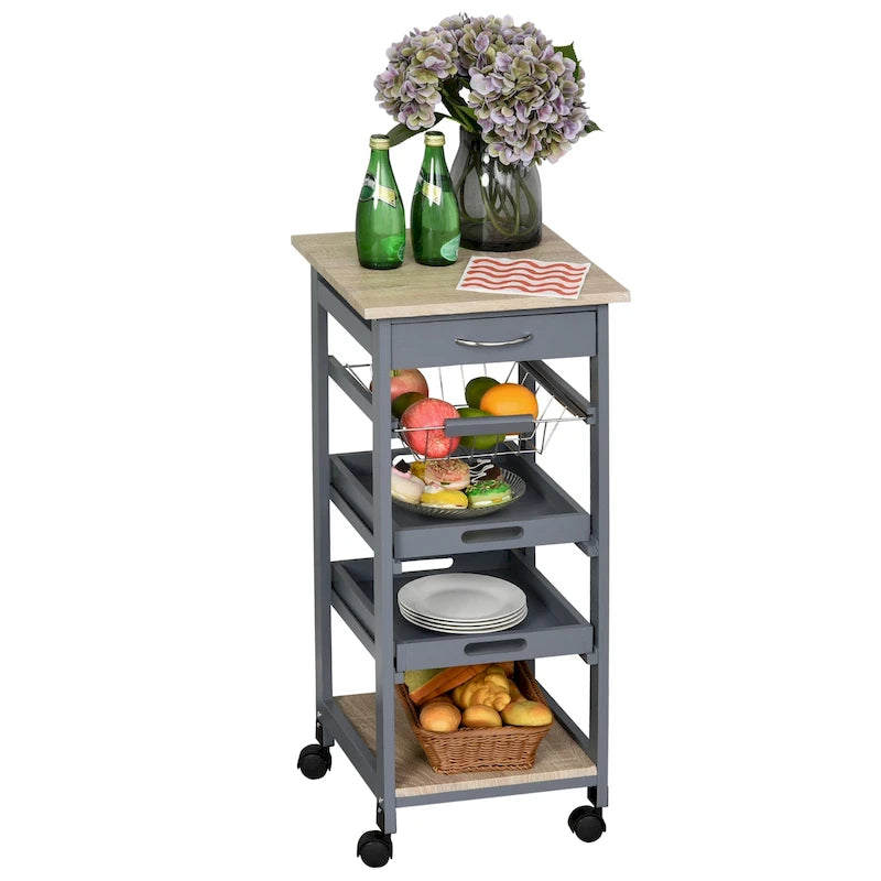 Isola da cucina mobile con ruote, carrello di servizio con cassetto inferiore e cestello portaoggetti estraibile in filo metallico