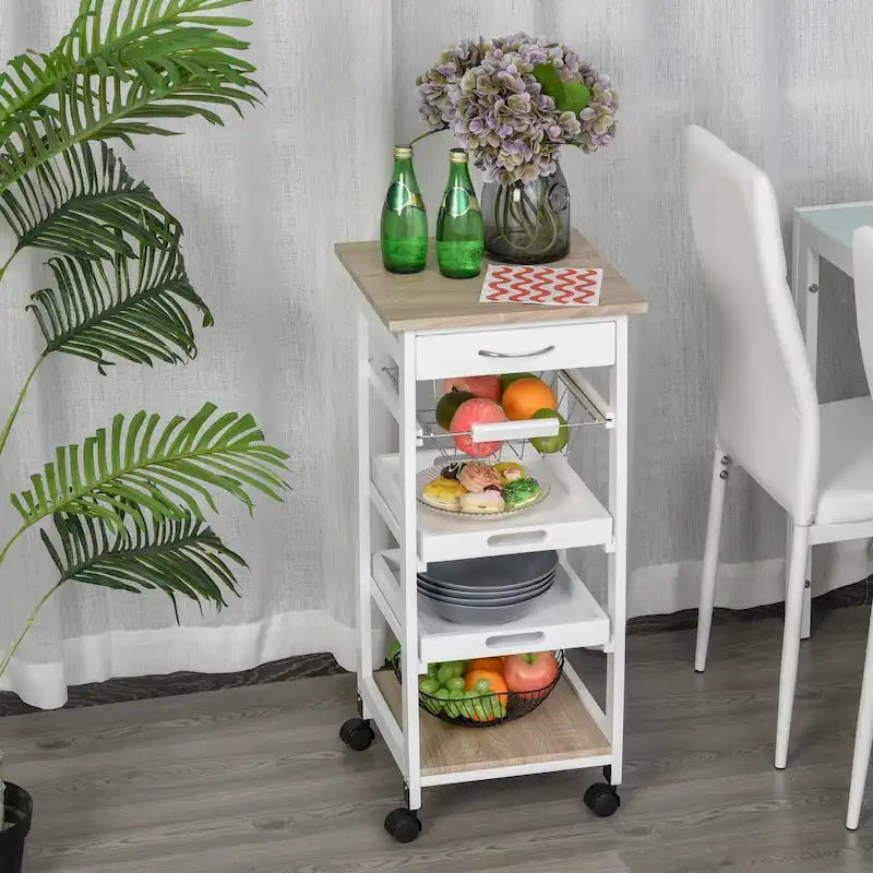 Isola da cucina mobile con ruote, carrello di servizio con cassetto inferiore e cestello portaoggetti estraibile in filo metallico