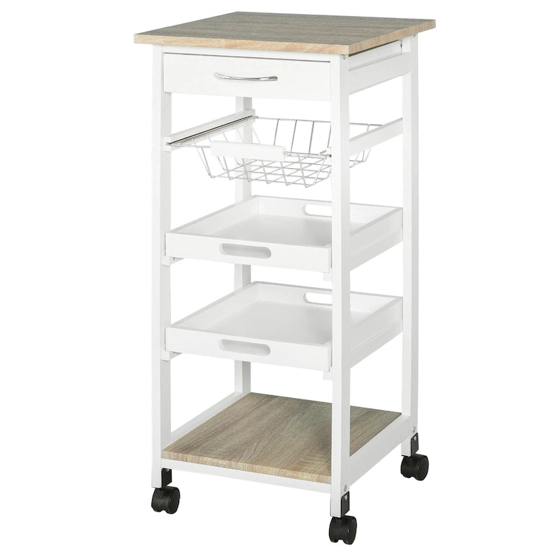 Isola da cucina mobile con ruote, carrello di servizio con cassetto inferiore e cestello portaoggetti estraibile in filo metallico