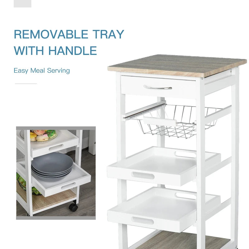 Isola da cucina mobile con ruote, carrello di servizio con cassetto inferiore e cestello portaoggetti estraibile in filo metallico