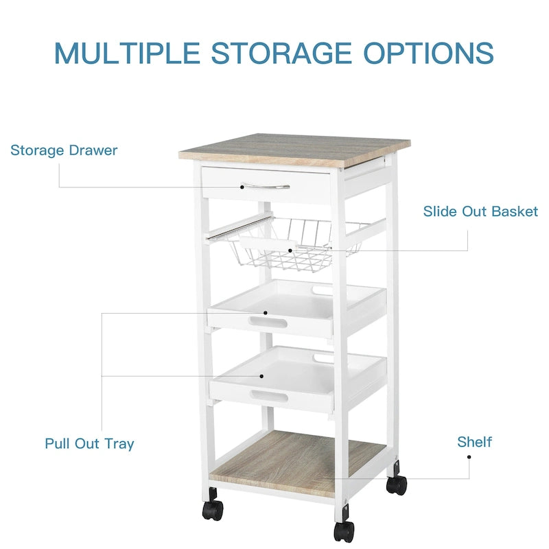 Isola da cucina mobile con ruote, carrello di servizio con cassetto inferiore e cestello portaoggetti estraibile in filo metallico