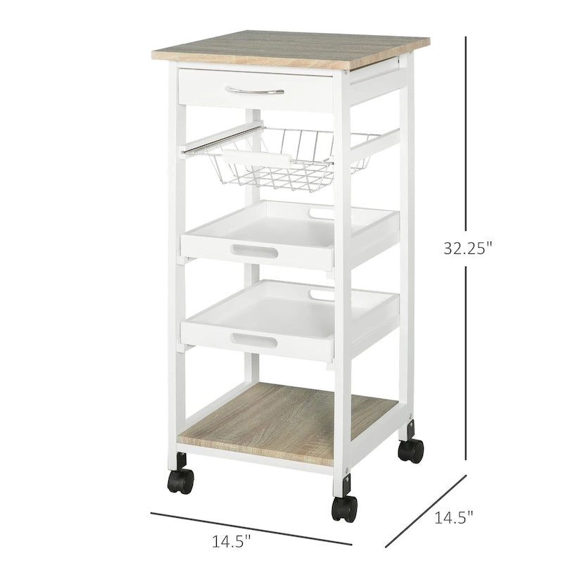 Isola da cucina mobile con ruote, carrello di servizio con cassetto inferiore e cestello portaoggetti estraibile in filo metallico