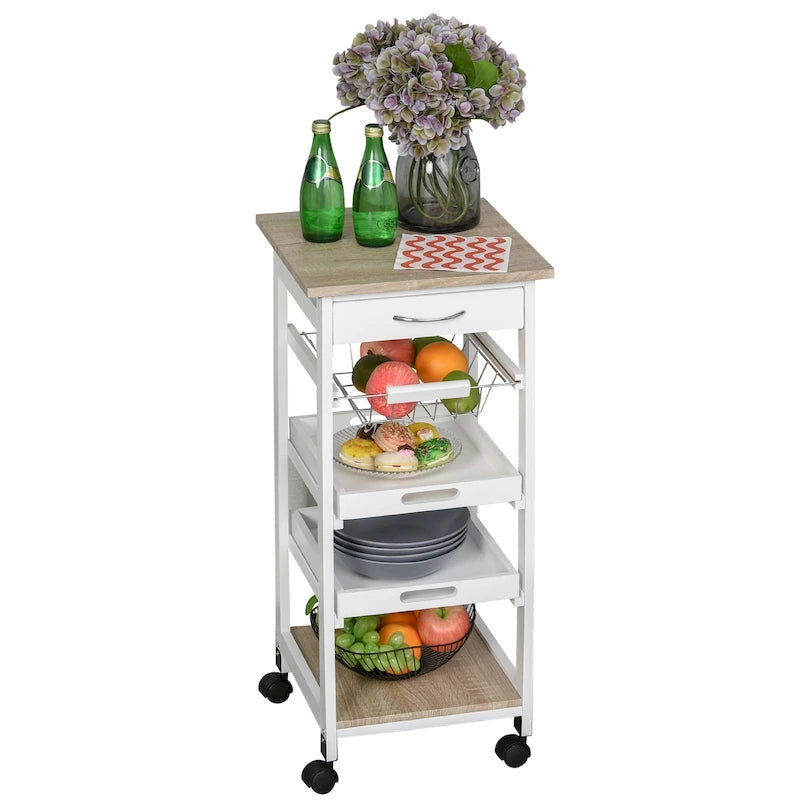 Isola da cucina mobile con ruote, carrello di servizio con cassetto inferiore e cestello portaoggetti estraibile in filo metallico