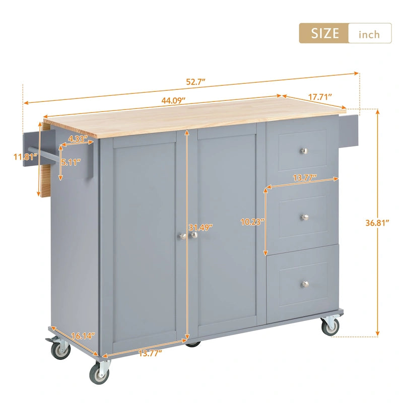 Desserte îlot de cuisine avec plateau en bois massif et roulettes verrouillables