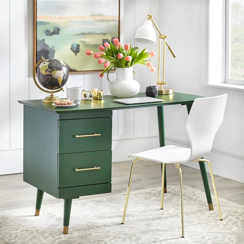 Mid-Century Writing Desk with 2 Gold-Finish Drawers