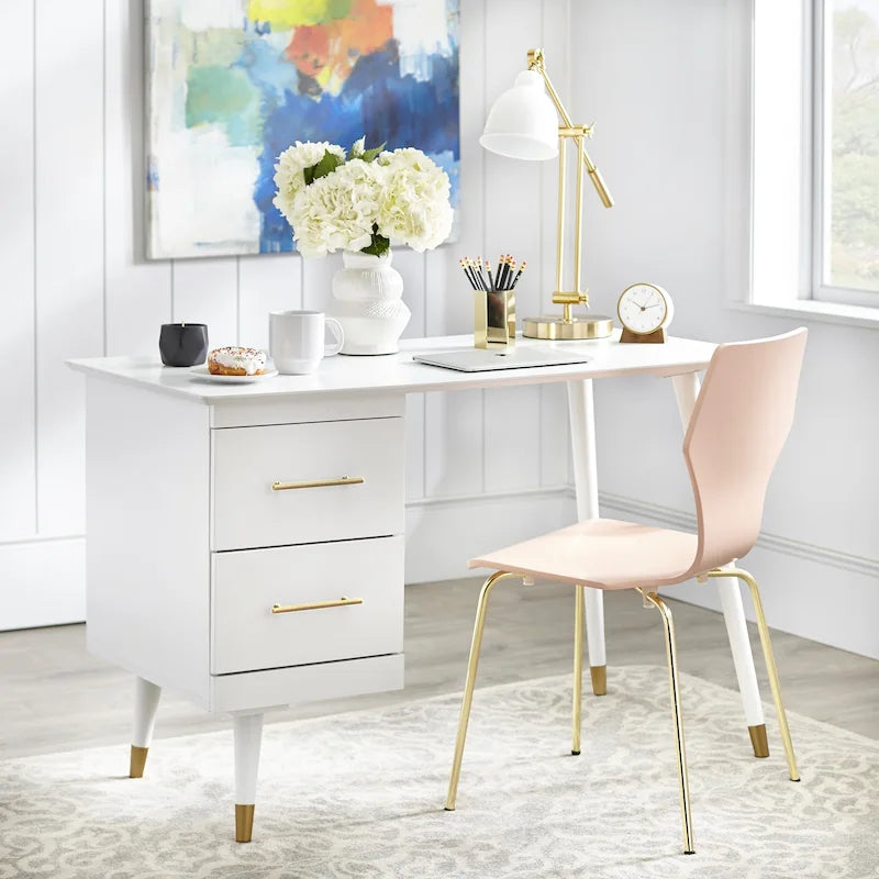 Mid-Century Writing Desk with 2 Gold-Finish Drawers