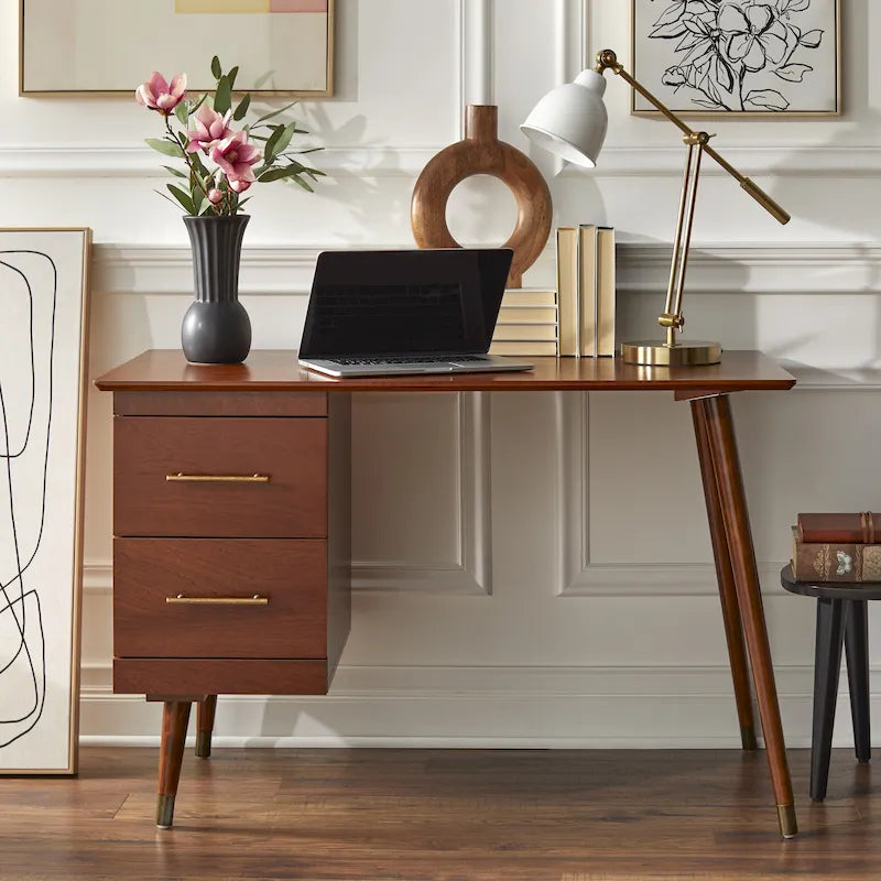 Mid-Century Writing Desk with 2 Gold-Finish Drawers