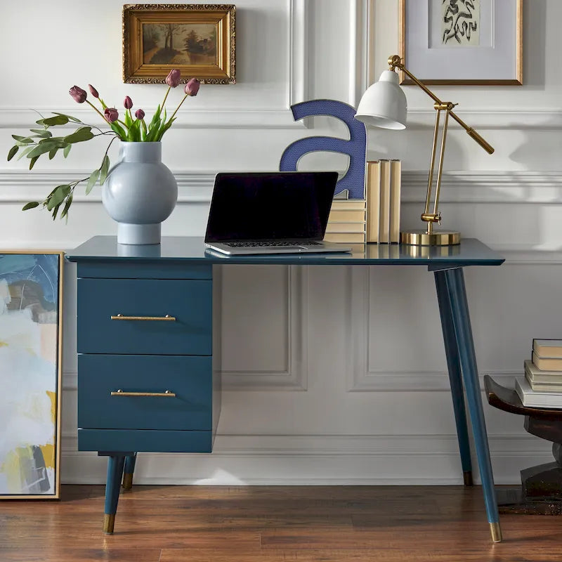 Mid-Century Writing Desk with 2 Gold-Finish Drawers