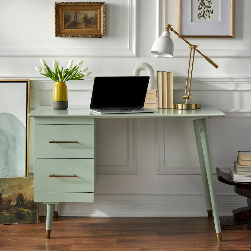 Mid-Century Writing Desk with 2 Gold-Finish Drawers