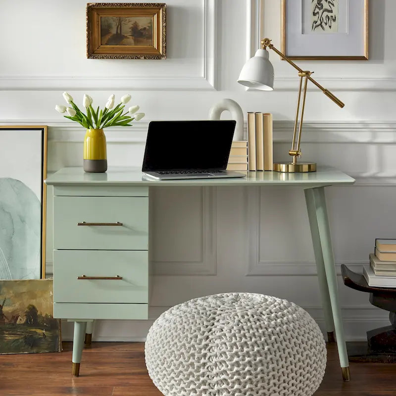 Mid-Century Writing Desk with 2 Gold-Finish Drawers