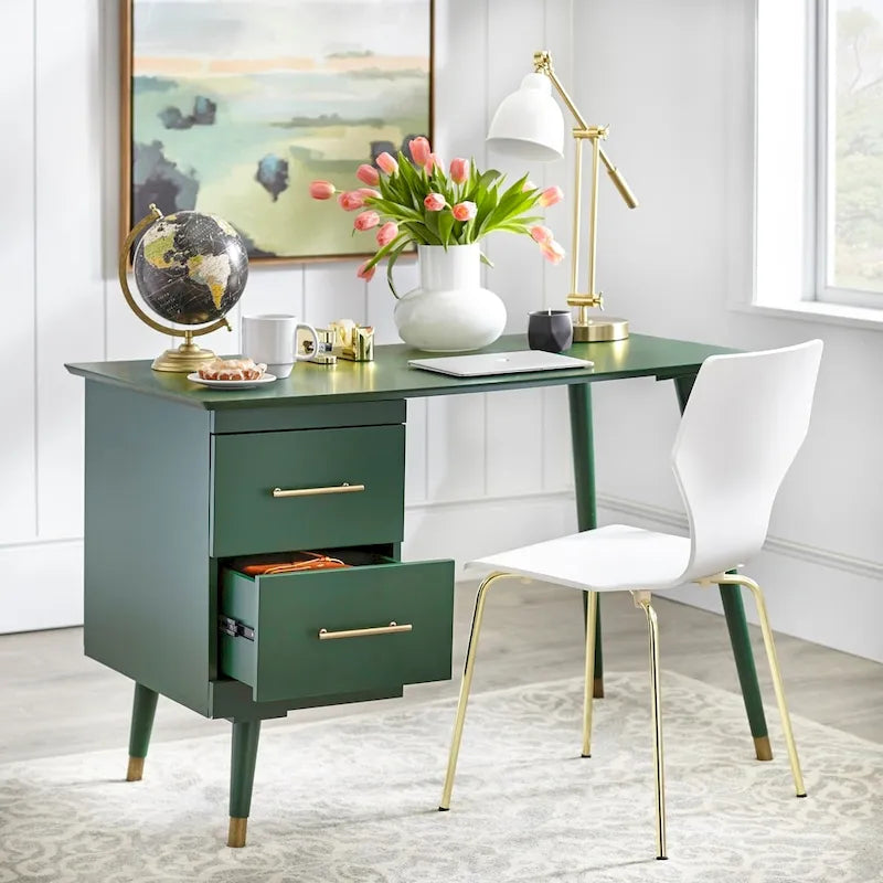 Mid-Century Writing Desk with 2 Gold-Finish Drawers