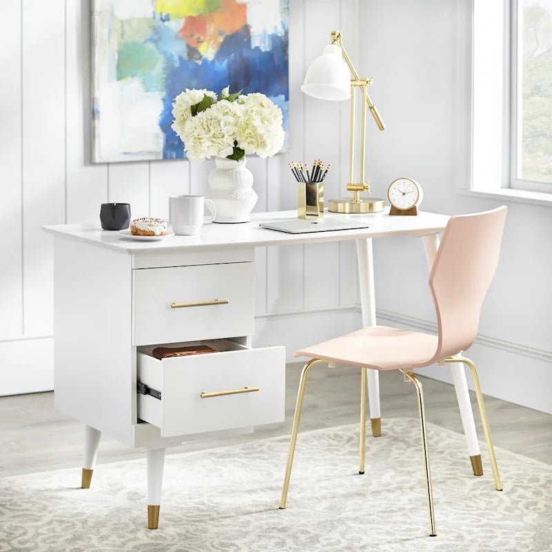 Mid-Century Writing Desk with 2 Gold-Finish Drawers