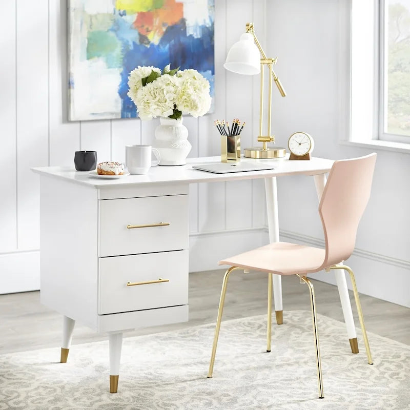 Mid-Century Writing Desk with 2 Gold-Finish Drawers