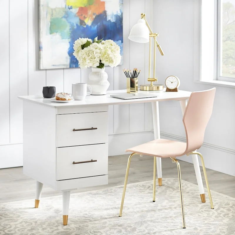 Mid-Century Writing Desk with 2 Gold-Finish Drawers