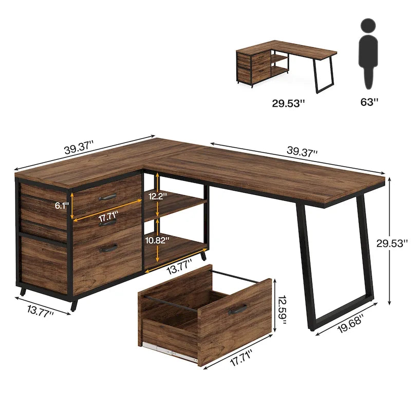 Bureau réversible en L avec tiroirs pour dossiers, bureau d’ordinateur d’angle