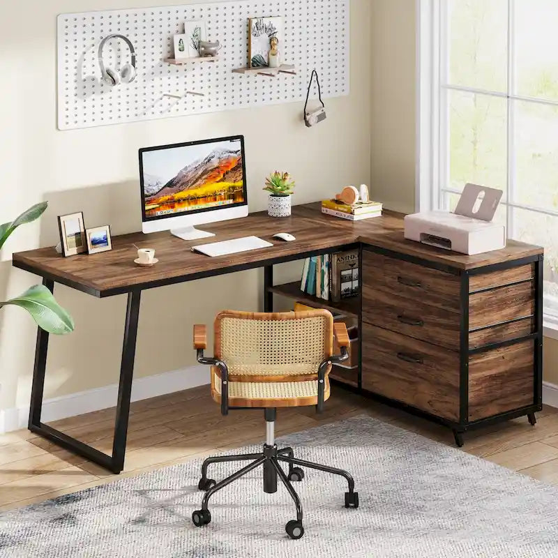 Bureau réversible en L avec tiroirs pour dossiers, bureau d’ordinateur d’angle