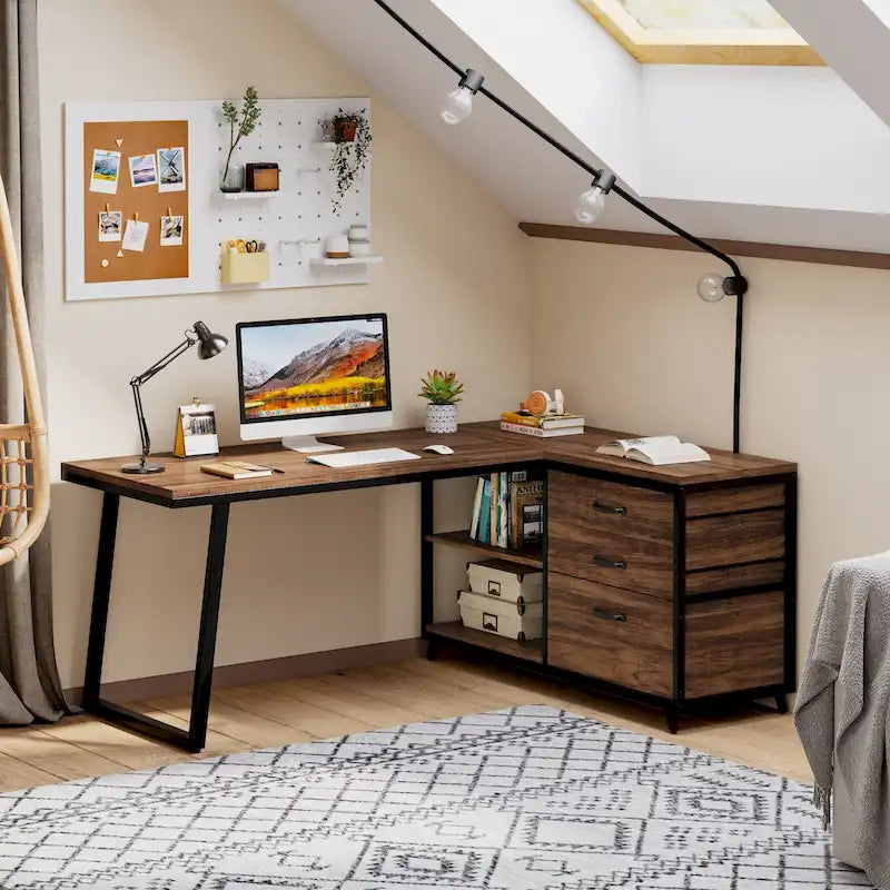 Bureau réversible en L avec tiroirs pour dossiers, bureau d’ordinateur d’angle