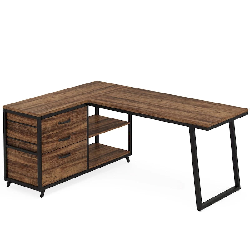 Bureau réversible en L avec tiroirs pour dossiers, bureau d’ordinateur d’angle