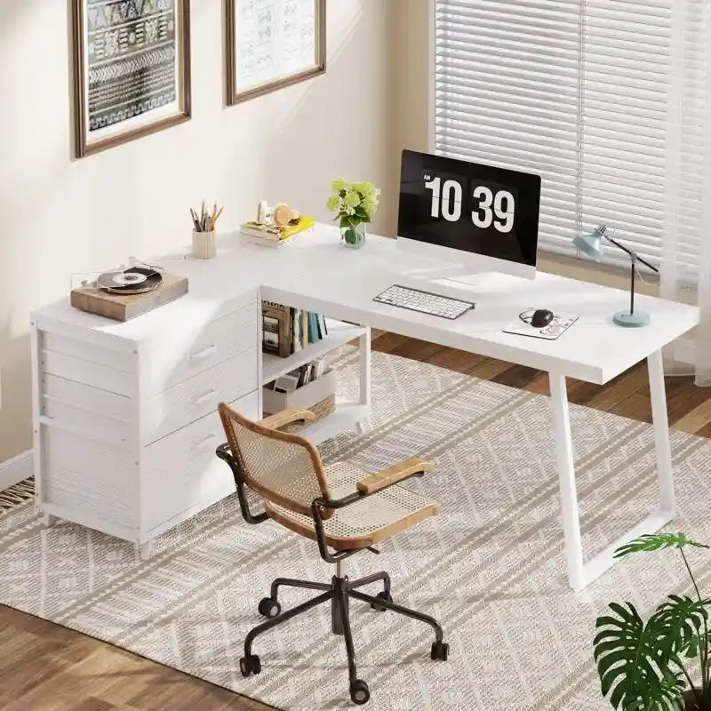 Bureau réversible en L avec tiroirs pour dossiers, bureau d’ordinateur d’angle