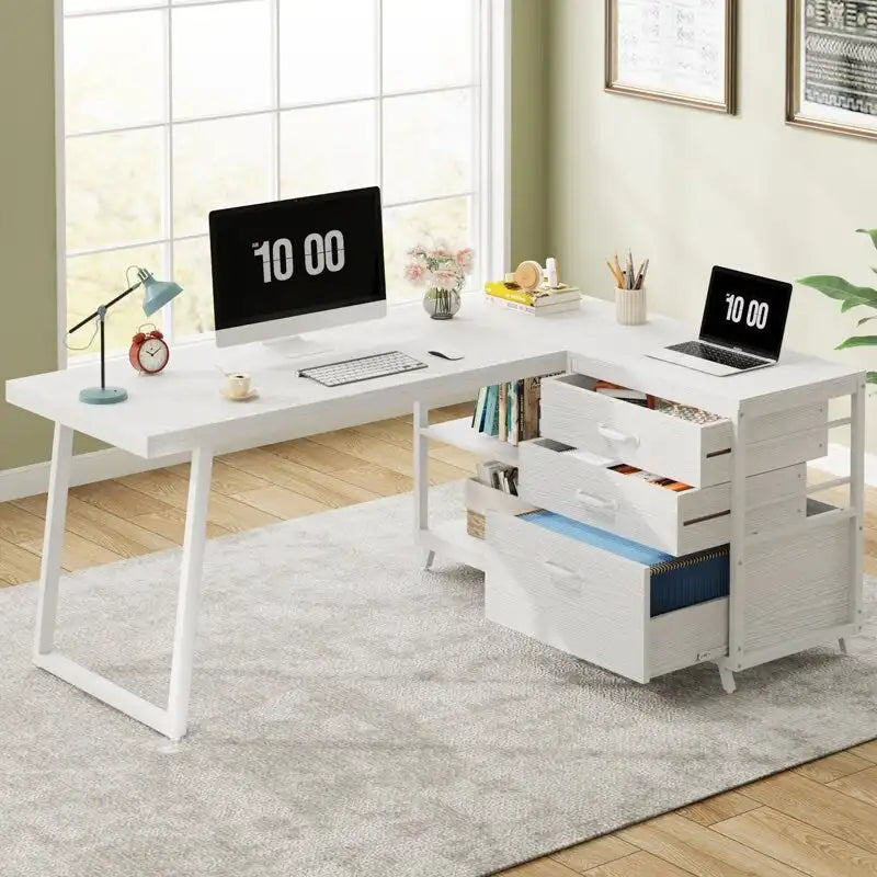 Bureau réversible en L avec tiroirs pour dossiers, bureau d’ordinateur d’angle