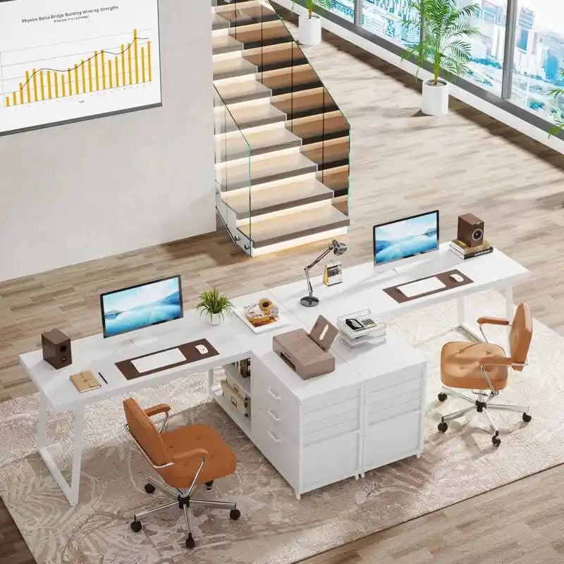 Bureau réversible en L avec tiroirs pour dossiers, bureau d’ordinateur d’angle