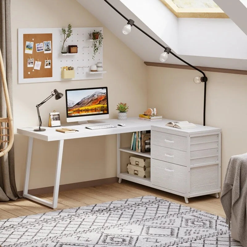 Bureau réversible en L avec tiroirs pour dossiers, bureau d’ordinateur d’angle