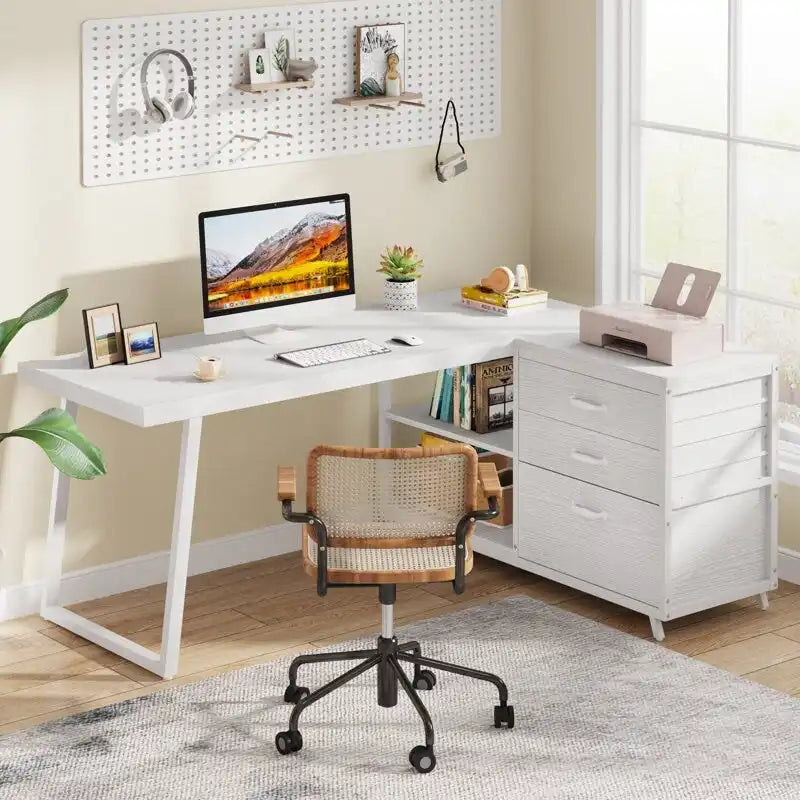 Bureau réversible en L avec tiroirs pour dossiers, bureau d’ordinateur d’angle