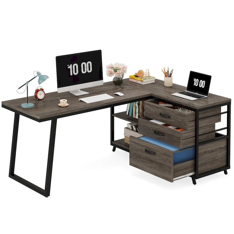Bureau réversible en L avec tiroirs pour dossiers, bureau d’ordinateur d’angle