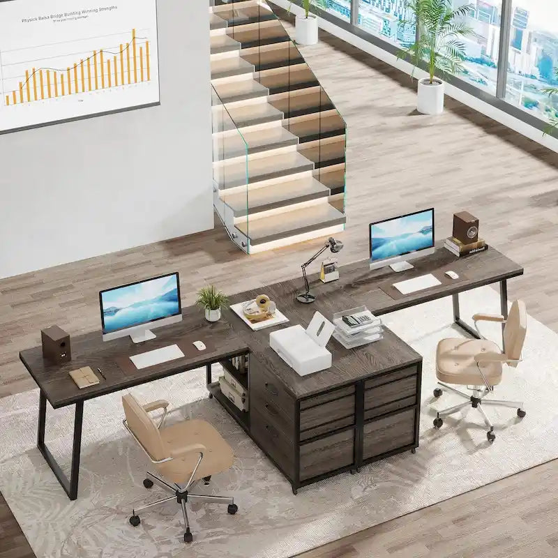 Bureau réversible en L avec tiroirs pour dossiers, bureau d’ordinateur d’angle