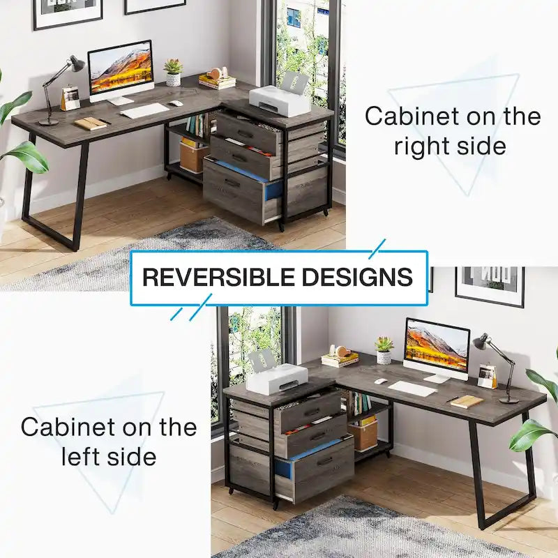 Bureau réversible en L avec tiroirs pour dossiers, bureau d’ordinateur d’angle