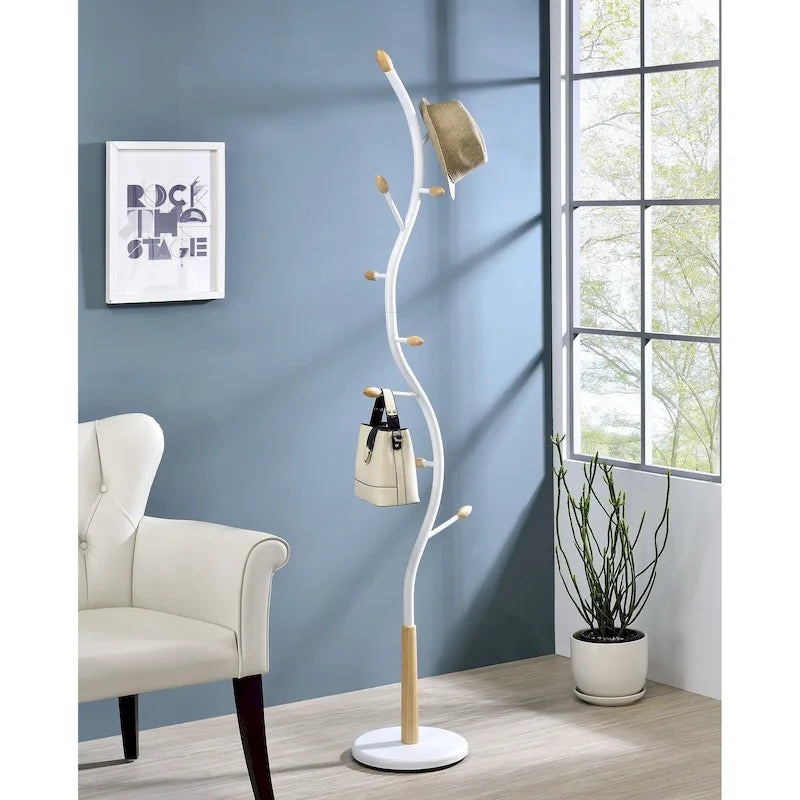 Freestanding Metal Coat Rack with 9 Hooks and Walnut Accents