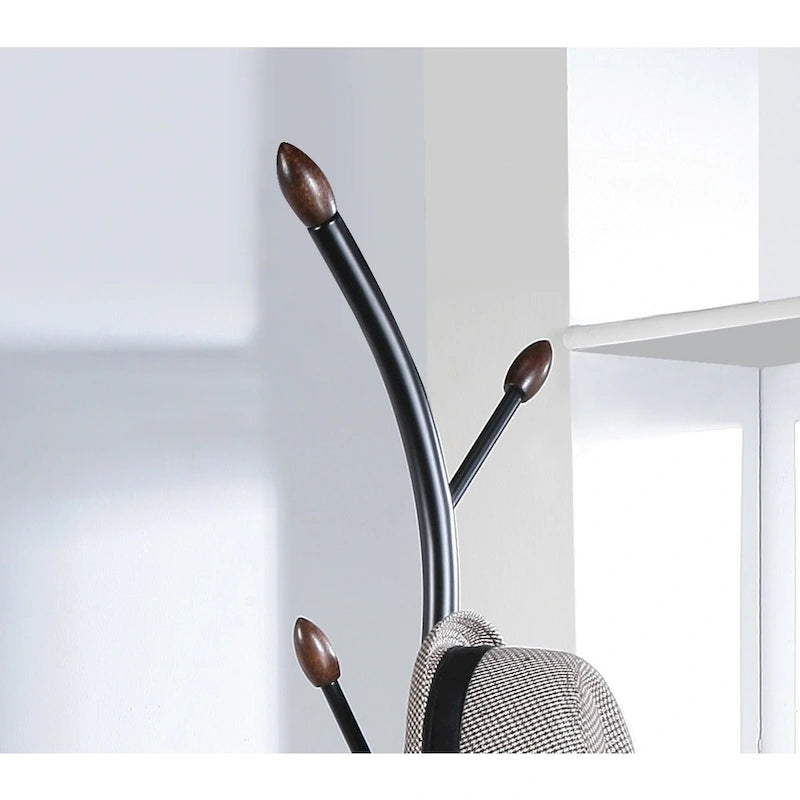 Freestanding Metal Coat Rack with 9 Hooks and Walnut Accents