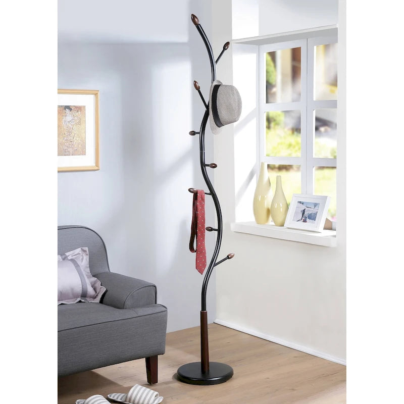 Freestanding Metal Coat Rack with 9 Hooks and Walnut Accents