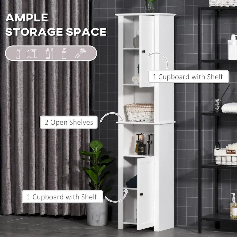 Tall Bathroom Storage Cabinet, Freestanding Linen Tower with 2-Tier Shelf and 2 Cupboards