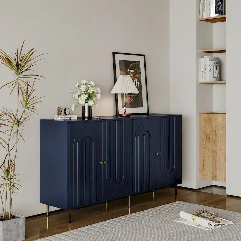 152,4 cm modernes Sideboard aus Holz mit blau-grauer Lackierung, 4 Türen und Stauraum