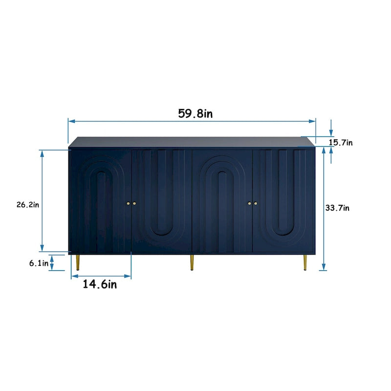 152,4 cm modernes Sideboard aus Holz mit blau-grauer Lackierung, 4 Türen und Stauraum