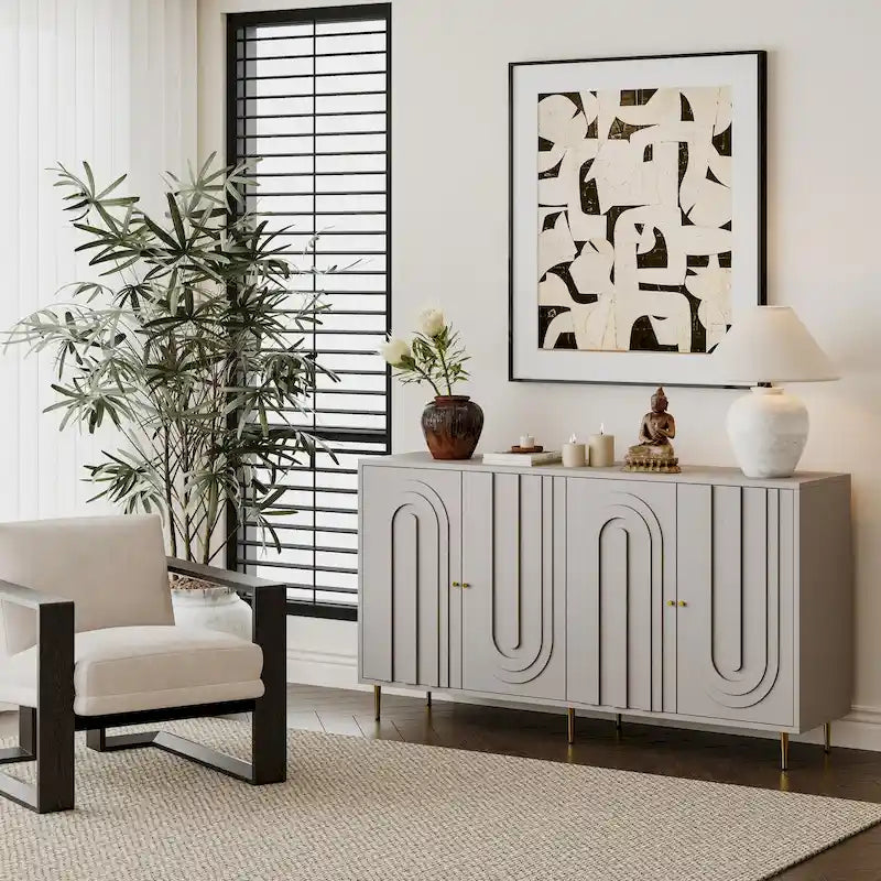152,4 cm modernes Sideboard aus Holz mit blau-grauer Lackierung, 4 Türen und Stauraum